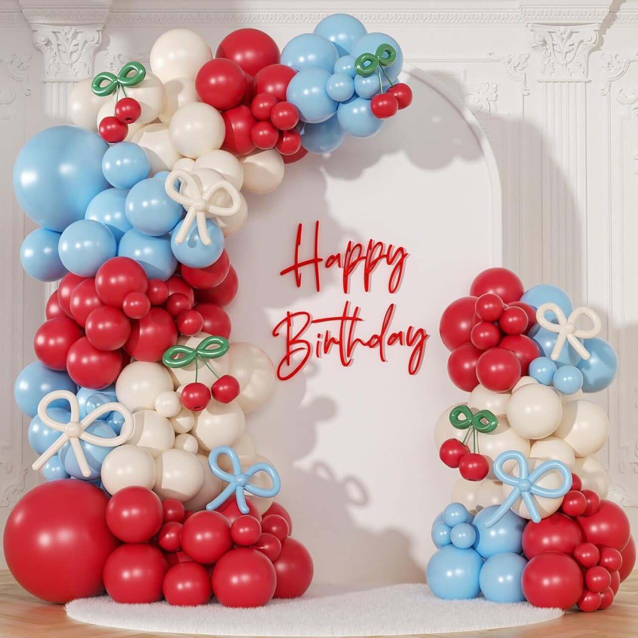 150PCS Cherry Red and Blue Balloon Garland Arch Kit with Bow & Stem Balloons – Light Mist Blue, Red & White Coquette Party Decorations for Birthday, Baby Shower, Wedding & Bridal Shower